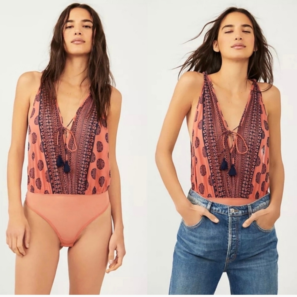 Free People Terra Cotta and Navy Colors Patterned Bodysuit. Bohemian Vibe.